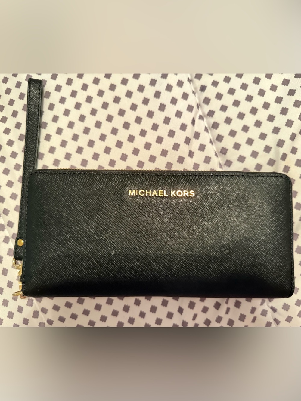 Michael Kors Black Leather Continental Wallet with Gold Logo